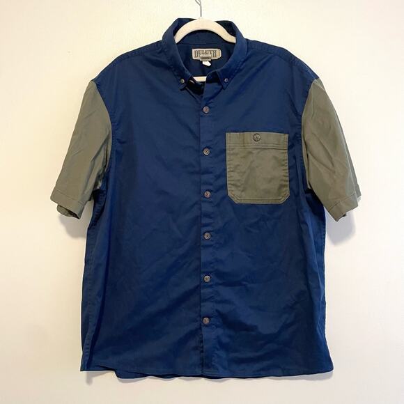 Duluth Size L Blue Green Relaxed Fit Short Sleeve Button Up Shirt Pocket - Picture 1 of 5